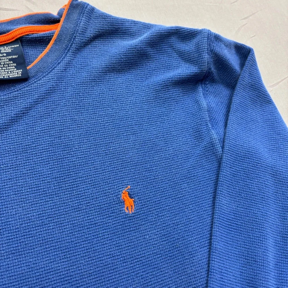 Polo Ralph Lauren‎ Mens Blue Waffle Knit Thermal Sleep Shirt Orange Pony Large